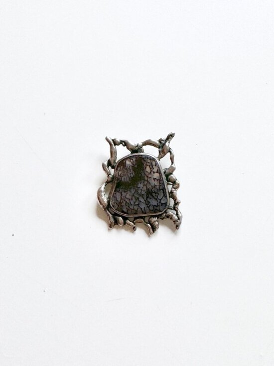 MK Jewelry - Vintage MK Sterling Silver Brutalist Modernist Purple Agate Brooch Pendant